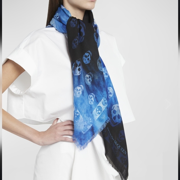 Alexander McQueen Accessories - Alexander McQueen Skull Wool Large Scarf Blue Black